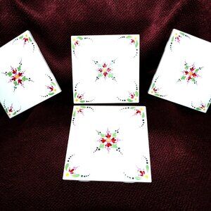 Set of 4 Hand Painted Floral Flower Tile Coasters NEW